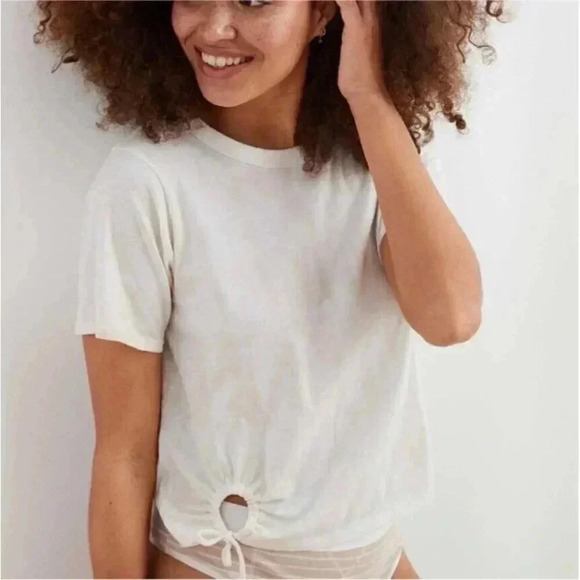 Aerie Tie-Dye Crop Tee Cap Sleeve Cinched Tan Beach Loungewear 100% Cotton S NWT - Picture 1 of 8